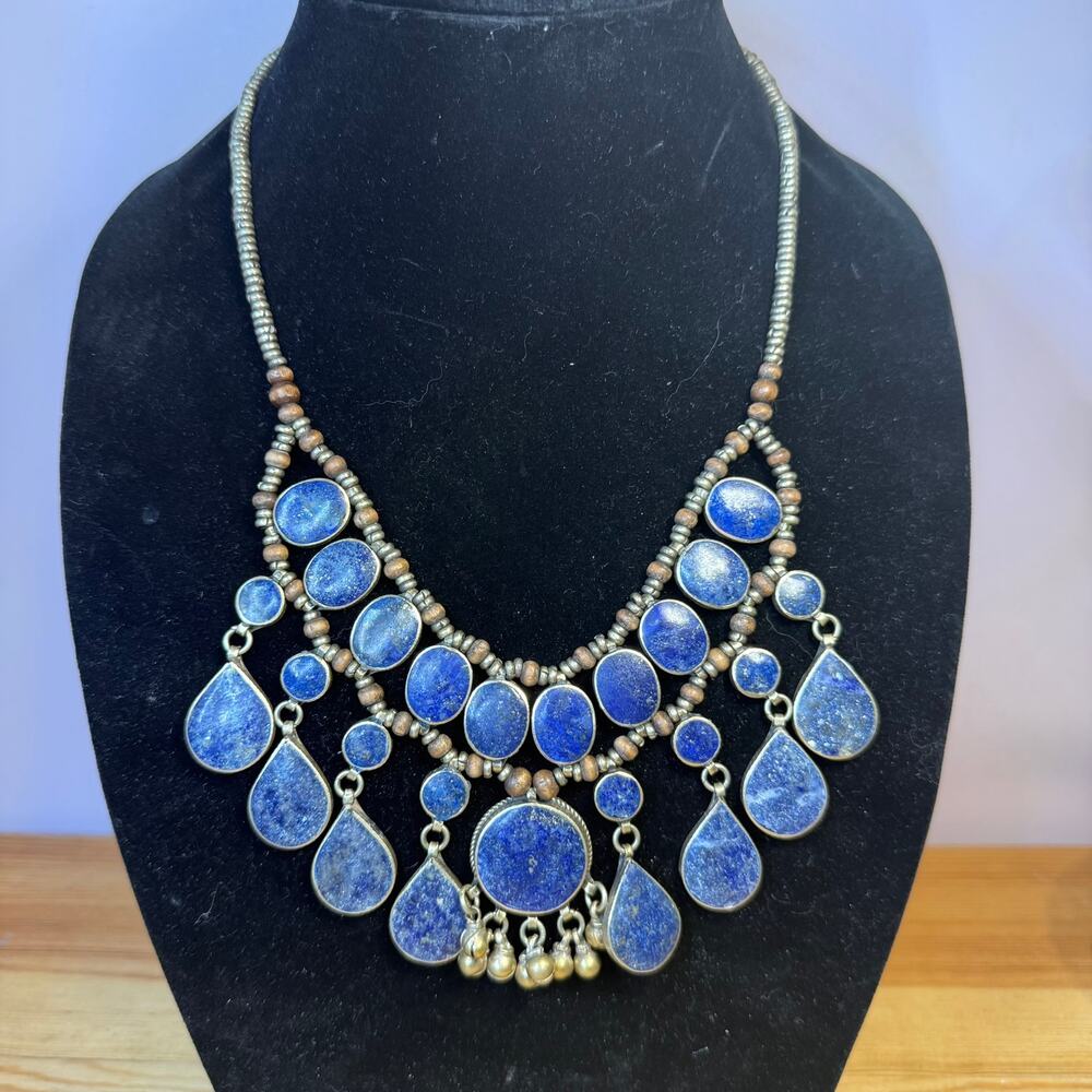 Lapis Lazuli Bib Necklace Blue Stone Teardrop Boho Statement Jewelry
